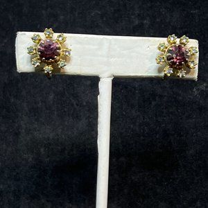 Vintage Gold Tone, Purple and Clear Rhinestone Screw Back Earrings (4062)